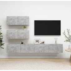 Homgoday TV Cabinet Set of 4 Grey Concrete Chipboard TV Cabinet Low Cabinet for TV Coffee Table Living Room TV Stand for Living Room