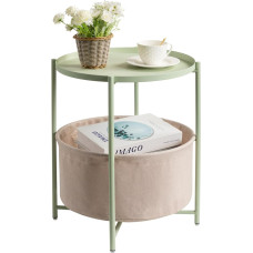 danpinera Round Side Table with Fabric Storage Basket, Metal Side Table Small Bedside Table with Removable Top Tray for Living Room, Bedroom, Children's Room, Laundry
