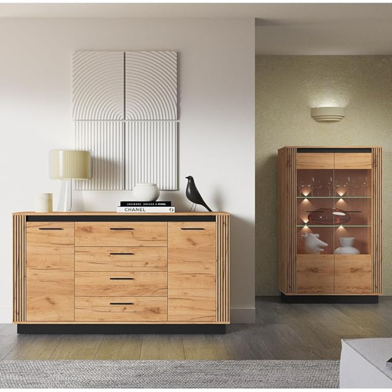 Gyvenamojo kambario baldų komplektas 2 dalių komoda, stalčius, spintelė su apšvietimu Šiuolaikinis ąžuolas su juoda spalva