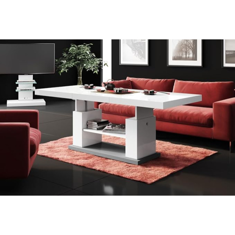 HU Design HN-777 Kavos staliukas blizgus, reguliuojamo aukščio, ištraukiamas, baltas / pilkas