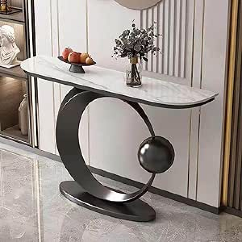 PQXQZ Moderner Konsolentisch mit Steinplatte Dekorativer Eingangstisch mit Metallrahmen Ziertische für Wohnzimmer Eingangsbereich und Flur(Black,150x30x80cm)