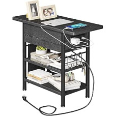 Beistelltisch mit Ladestation, Klappbarer Nachttisch mit USB-Anschlüssen und Steckdosen, Couch-Beistelltisch mit Stofftasche und Haken, Nachttisch für platzsparendes Wohnzimmer, Schlafzimmer (Schwarz)