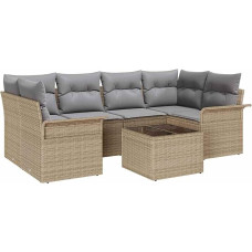 Rantry 7-teiliges Garten-Sofa-Set mit Kissen Beige Poly Rattan Gartenlounge Modelis3345260