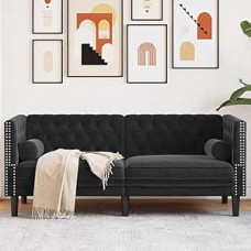 Frdhee Living Room Couch Corner Sofa, Chesterfield Sofa with Cushion, Black, 174 x 74.5 x 70.5 cm, Velvet for Bedroom, Office, Apartment, Easy Assembly