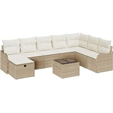 Modelis3359040 9 dalių sodo sofos komplektas su pagalvėle Smėlio spalvos poliuretano rotango 2 vietų sodo sofa su pagalvėle Smėlio spalvos poliuretano rotango sodo poilsio kambarys
