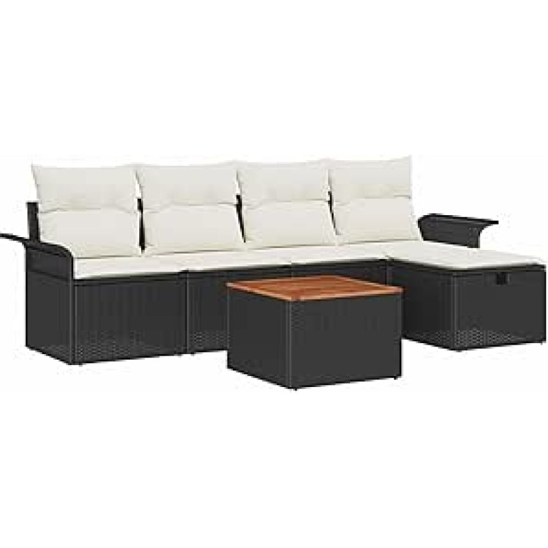 6-teiliges Garten Sofa Set mit Kissen Schwarz Poly Rattan, 2-sitziges Garten Sofa mit Stauraum & Kissen Schwarz Poly Rattan Gartenlounge Modelis3360778