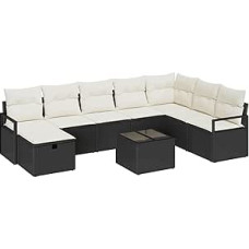 9-teiliges Garten Sofaset mit Kissen Schwarz Poly Rattan, 2-Sitzer Garten Sofa mit Stauraum & Kissen Schwarz Poly Rattan Gartenlounge Modelis3360568