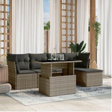 Sofos-lovos komplektas, 6 dalių sodo sofos komplektas su pilkomis poliratano pagalvėlėmis, svetainės sofa, sodo sofa, modernus lauko sofos komplektas, baldų modelis 3266550