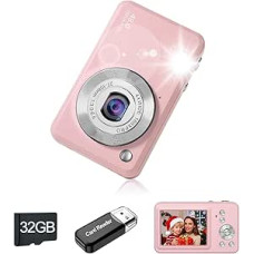 Vaikų skaitmeninis fotoaparatas, 1080P HD skaitmeninis fotoaparatas su 32 GB atminties kortele, kompaktiškas fotoaparatas su ilga baterijos veikimo trukme, idealiai tinka vaikams, paaugliams, pradedantiesiems (rožinis)