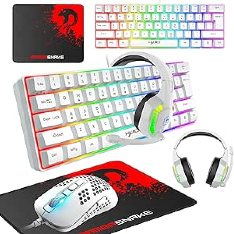Žaidimų klaviatūra, 60 % laidinė, kompaktiška, 61 klavišas, 11 RGB efektų su visais mygtukais, apsauga nuo vaiduoklių, laidinė lengva žaidimų pelė, 2400 DPI optinė 