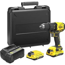 Stanley FatMax 18 V 2 greičių akumuliatorinis gręžtuvas SFMCD710D2K (2,0 Ah, maks. Sukimo momentas 60 Nm, bešepetėlinis variklis su metaline pavara, LED lemputė, 2 akumuliatoriai, įkroviklis ir dėklas)