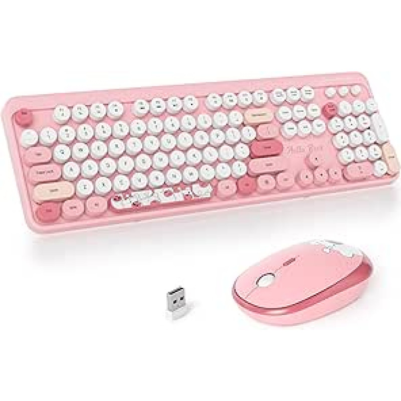 SOLIDEE belaidės klaviatūros ir pelės derinys, retro rašomosios mašinėlės klaviatūra, 2,4 GHz apvali klaviatūra su skaitmenine klaviatūra, 104 klavišų ergonomiška klaviatūra (amerikietiška QWERTY) (rožinė)