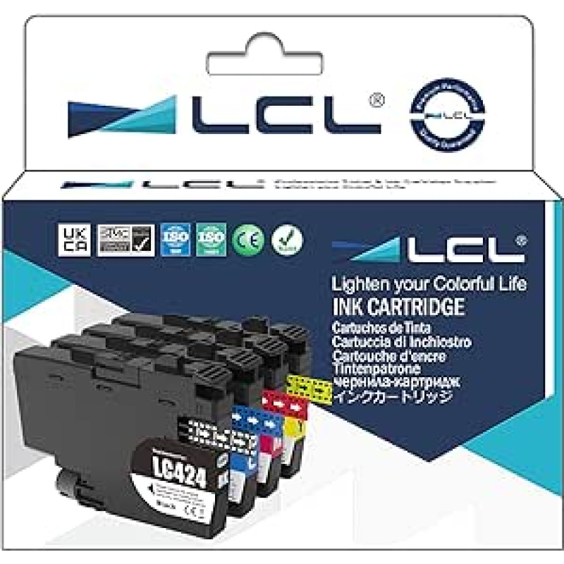 LCL LC424 kasetės, kurių vertė yra didelė, suderinama su spausdintuvo kasetėmis Brother LC-424 LC-424VAL Multipack, suderinama su Brother DCP-J1200W DCP-J1200WE (1 juoda, 1 žydra, 1 purpurinė, 1 geltona, 4 pakuotės)