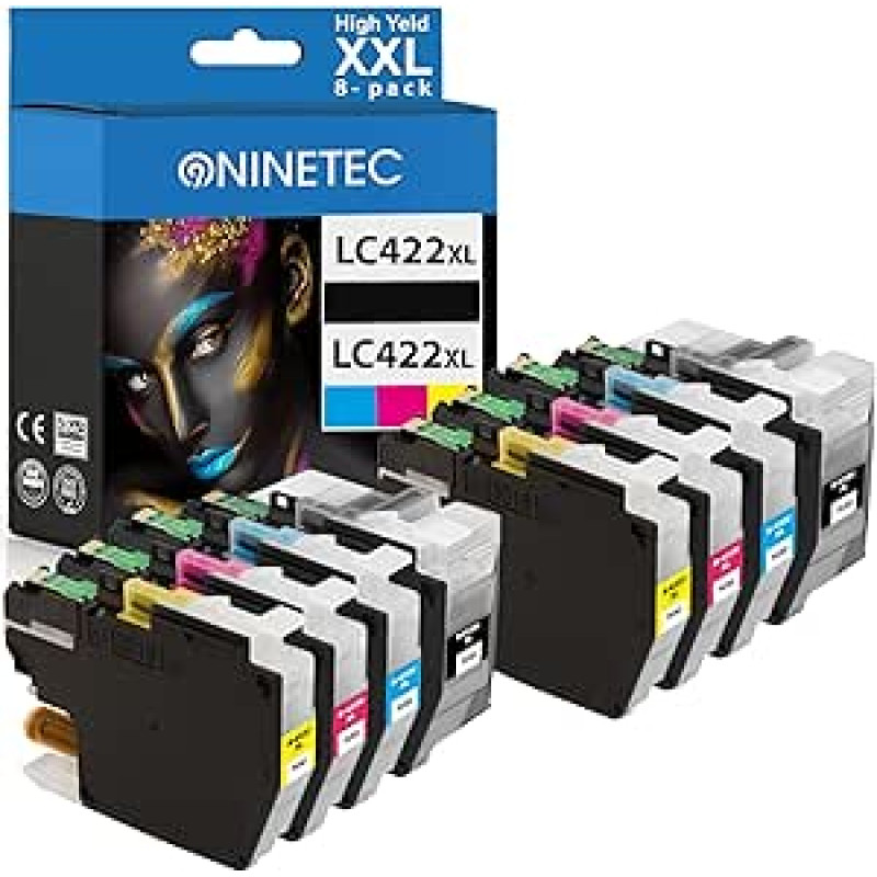 NINETEC LC422XL LC-422XLVAL Daugkartinės pakuotės spausdintuvų kasetės, suderinamos su Brother LC-422XL LC422 422 XL, skirtos Brother MFC-J5340DW MFC-J5345DW MFC-J5740DW MFC-J6940DW MFC-J6540DW Pakuotė po 8 vnt.