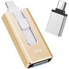 USB atmintinė iPhone 128GB, [MFi Certified] 4-in-1 USB atmintinė su žibintu, atmintinė iPhone, suderinama su iOS/Android/PC, USB 3.0 【be programėlės】nuotraukų ir vaizdo įrašų atsarginėms kopijoms, auksinė
