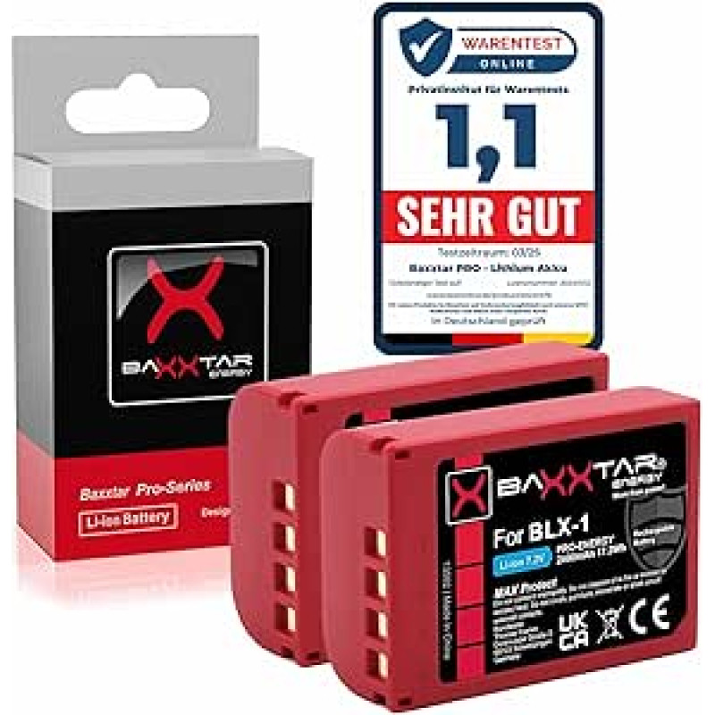 Baxxtar MaxProtect 2 x BLX-1 akumuliatorius 2400 mAh, suderinamas su Olympus OM-1 OM-3 OM1 OM3 BL-X1 BL-X1 BL X1 BLX 1 pakaitiniu akumuliatoriumi su NTC jutikliu ir karščiui atspariu V1 korpusu, atsparus ugniai