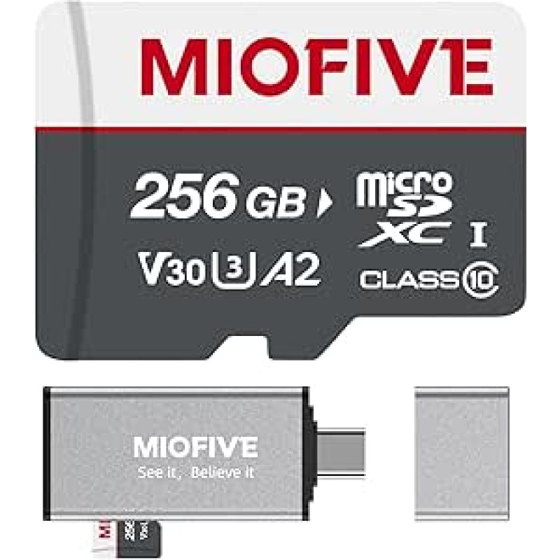Miofive 256GB Memory Card - Ultimate Micro SD Card with USB 3.0 Type-C Card Reader, 170MB/s, C10, U3, A2, V30, 4K for 4K WiFi Dash Cams and GPS Dash Cams