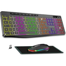 A: Belaidis apšviestos klaviatūros ir pelės rinkinys 2,4 GHz įkraunamas RGB apšvietimo plonas ir tylus optinių LED pelių rinkinys, skirtas kompiuteriui 