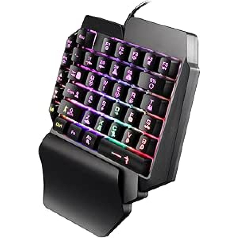 Žaidimų klaviatūra - žaidimų klaviatūra vienai rankai - mini 39 klavišų spalvotas RGB apšvietimas USB laidinė klaviatūra su riešo atrama - skirta staliniam kompiuteriui, nešiojamajam kompiuteriui, telefonui, planšetiniam kompiuteriui - juoda