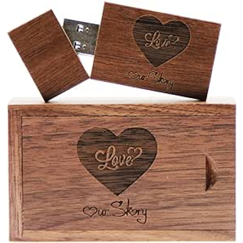 64 GB medinis USB atmintukas ir USB dėžutė su išgraviruota meile ir mūsų istorija vestuvėms / jaunikiui / tėvams / fotografui (graikinis riešutas, 64 GB USB3.0)
