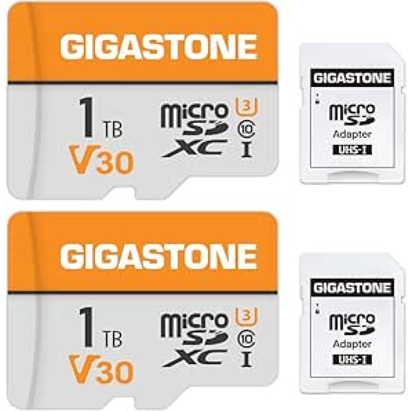 GIGASTONE 1 TB MicroSDXC atminties kortelė, 2 pakuotės + SD adapteris, iki 140/100 MB/s, skirta 