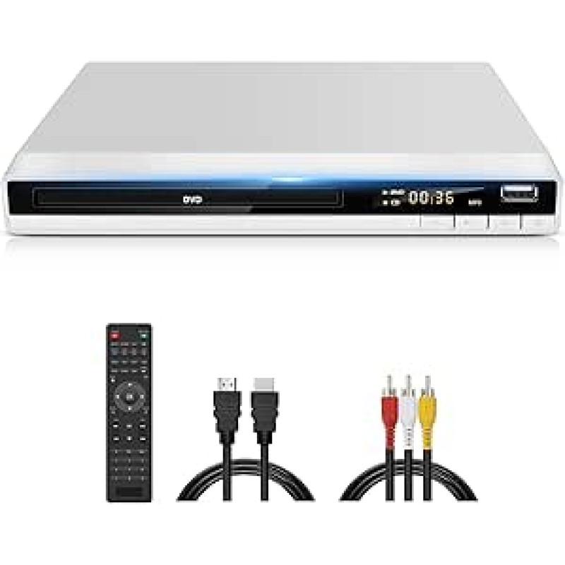 DVD grotuvas baltos spalvos, DVD grotuvas be regiono, skirtas televizoriams su HDMI AV išvesties kabeliu, DVD-CD grotuvas su USB įvestimi, klaidų taisymu, integruota PAL NTSC sistema (DVD-168, be 