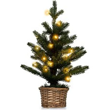 FANTASK 48 cm Small Artificial Christmas Tree, Mini Illuminated Table Christmas Tree with 20 LEDs, Christmas Tree with Willow Wood Pot & Timer, Christmas Decoration for Home Office