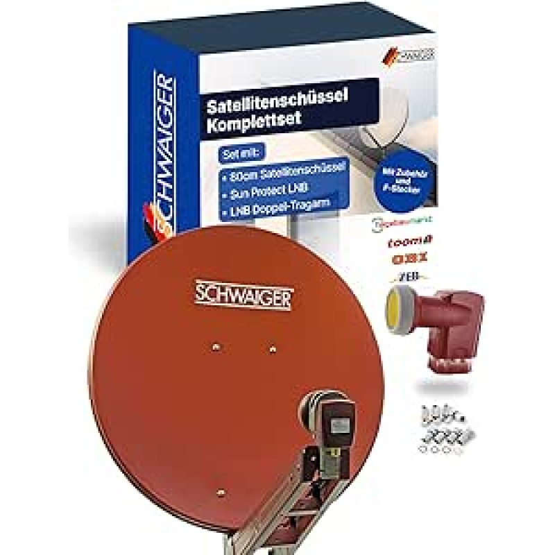 SCHWAIGER palydovinės sistemos aliuminio palydovinis komplektas Palydovinė antena Quad LNB Digital 8x F jungtis 7 mm Palydovinės antenos komplektas 75 x 80 cm (plytų raudona (RAL8012))