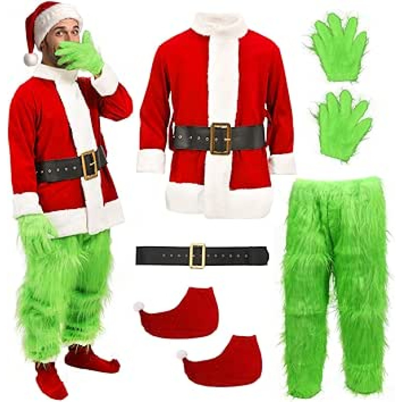 Suaugęs žalias monstras 7 dalių Kalėdų elfas Kalėdų senelis kailis kaukė apranga pirštinės kepurė Deluxe Kalėdų kostiumas Cosplay kostiumas