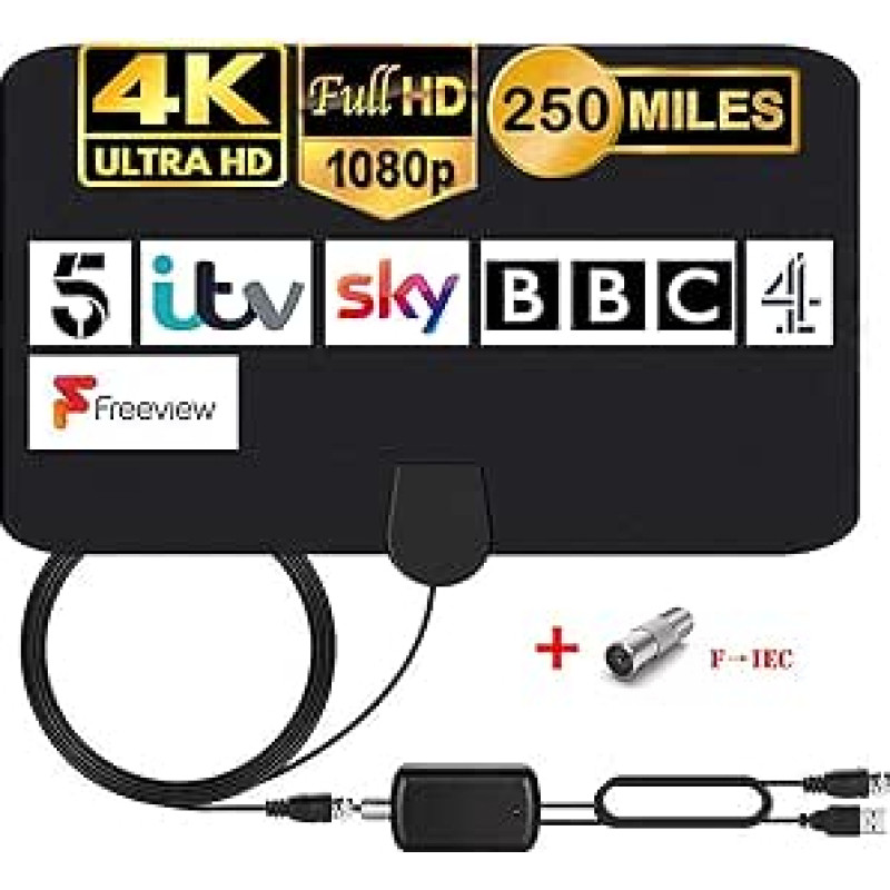 ONEKU TV antena su stiprintuvu Signalinė HDTV antena DTT DVB-T / DVB-T 2 su 4,4 m kabeliu, skaitmeninės HD/VHF/UHF/FM antenos langelis