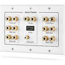 Fosmon [3-Gang 7.1 Surround Distribution] Home Theater Wall Plate - Premium Quality Gold Plated Copper Banana Binding Post Coupler Type Wall Plate for 7 Speakers, 1 RCA Jack for Subwoofer & 1 High Speed HDMI Port with Ethernet (White)