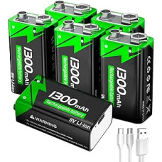 9 V įkraunama baterija, 1300 mAh ličio jonų baterijos su USB-C greitojo įkrovimo kabeliu, idealiai tinka dūmų detektoriams, gaisro detektoriams, signalizacijoms, mikrofonams, multimetrams ir kt. (6 vnt.)