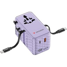 Verbatim GaN Travel Adapter 70 W Purple, Socket Adapter with 2 Integrated Cables and USB-C, USB-A, 2 x USA/JP Port, Universal Fast Charger for MacBook, Laptop, iPhone 17/16, Worldwide Use