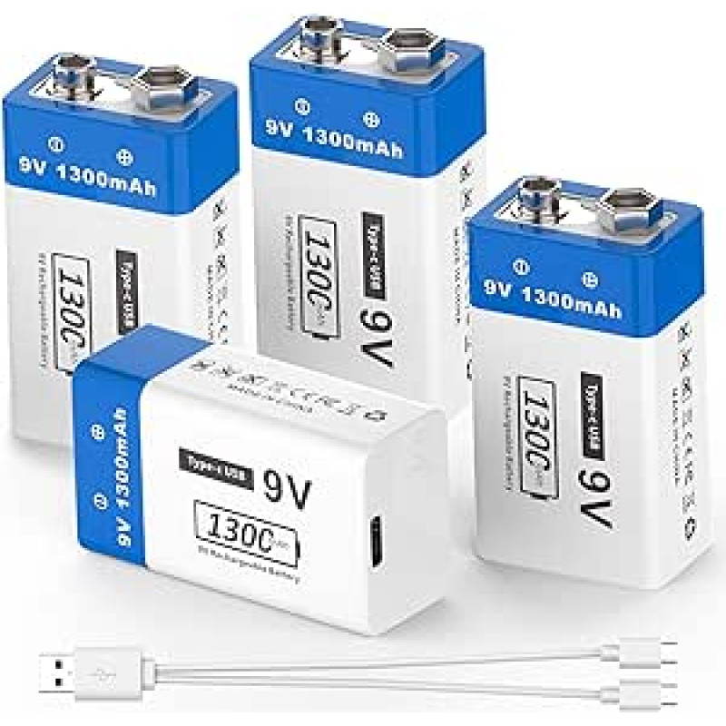 1300 mAh įkraunamos 9 V baterijos - JUBOTY ličio jonų baterijos dūmų detektoriams, belaidžiams mikrofonams, LED apšvietimo prietaisams ir kt. (4, 9 V, 1300 mAh)