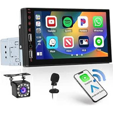 Hikity 1 DIN Car Radio with 7 Inch Screen, Compatible with Wireless CarPlay/Android Car, Car Radio Bluetooth with Dual USB Ports, Reversing Camera, Remote Control, FM Radio, MIC