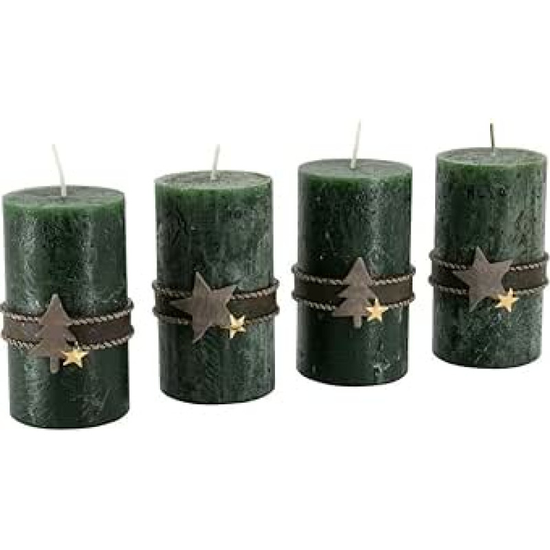 Advento žvakės su motyvais - 4 vnt. - kaimiškas paviršius - žvakės / žvakės kalėdiniam vainikui / advento vainikui - Kalėdos (medžiotojo žalia, aukštis 11 cm / skersmuo 6 cm), bekvapės