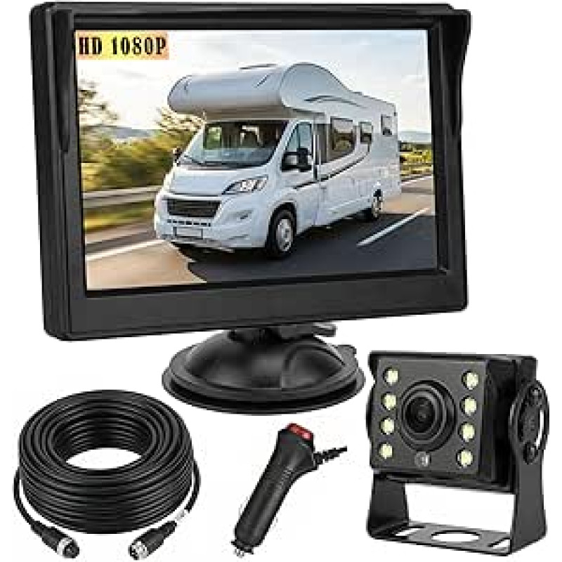 4 kontaktų automobilio atbulinės eigos kameros parkavimo pagalbos sistema, 12V-24V 5 colių TFT LCD HD spalvotas atbulinės eigos monitorius + 8 šviesos diodų naktinio matymo vandeniui atspari atbulinės eigos kamera