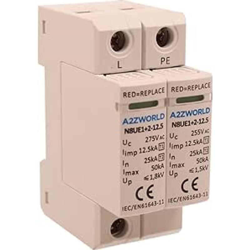 Modulinis viršįtampių ribotuvas SPD 1+2 tipo T1+T2 B+C 1P+N iš 2 DIN modulių 25kA-50kA 12.5kV AC275V IP20 IEC61643-11
