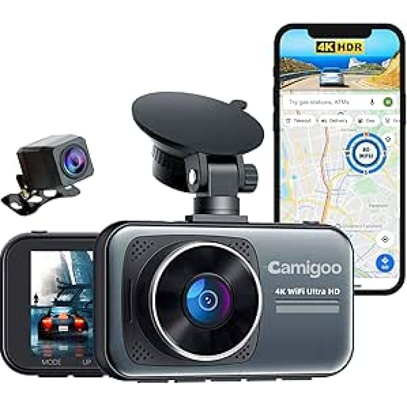 D1 Pro - Dviguba automobilinė vaizdo kamera - Ultra 4K ir Full HD - Priekinė ir galinė kamera - WLAN ir GPS - 3 Zoll su programėle - 64 GB SD kortelė - Kilpa - G jutiklis - Tinkamas vertikaliems automobiliams