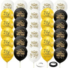 15 Stück Happy New Year Luftballons, Silvester Dekorationen 2026, 30,5 cm Schwarz Gold Weiß Latex Ballons für Dekoration, Silvester Party Supplies