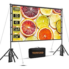 TOWOND 120 Inch Projector Screen with Stand, Foldable Portable 16:9 HD Outdoor Projector Screen for Home Cinema and Garden, Front and Back Projection, Washable, Wrinkle-Free Polyester with Carry Bag