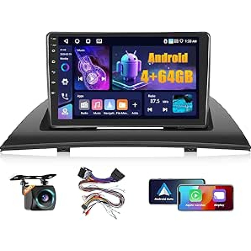 4+64G Android automobilinis radijas BMW X3 E83 2004 2005 2006 2006 2007 2008 2009 2010 su belaidžiu CARPALY & Android Car, 9 colių IPS jutiklinio ekrano radijas su Bluetooth 5.0/GPS/apvertimo kamera/FM/WiFi/SWC