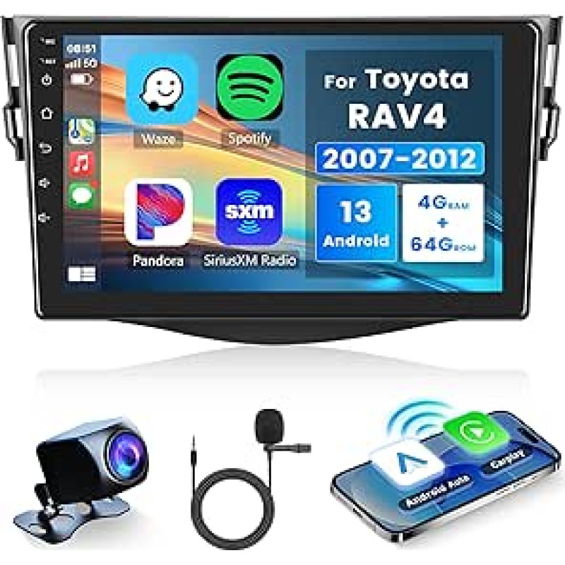 4G + 64G belaidis Carplay Android 15 automobilinis radijas 2 DIN Toyota RAV4 2007-2012 su belaidžiu Android automobilinės navigacijos GPS WiFi 9 colių automobilinis radijas su Mirror Link Bluetooth FM/RDS/DAB/DVR/32 EQ/SWC gale