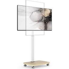 TV Stand Rollable with Wooden Base, TV Stand Rotatable for 19-42 Inch TVs, TV Floor Stand with Wheels, Height Adjustable, Swivelling, up to 20 kg Max. VESA 200 x 200 mm (White + Natural)