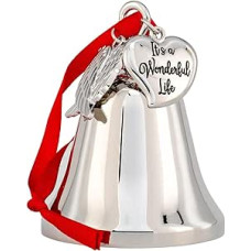 It's a Wonderful Life Ornament Bell Inspired Christmas Angel Wings - Shiny Silver with Engraved Heart Pendant and Angel Wings Christmas Tree Decorations with Ribbons