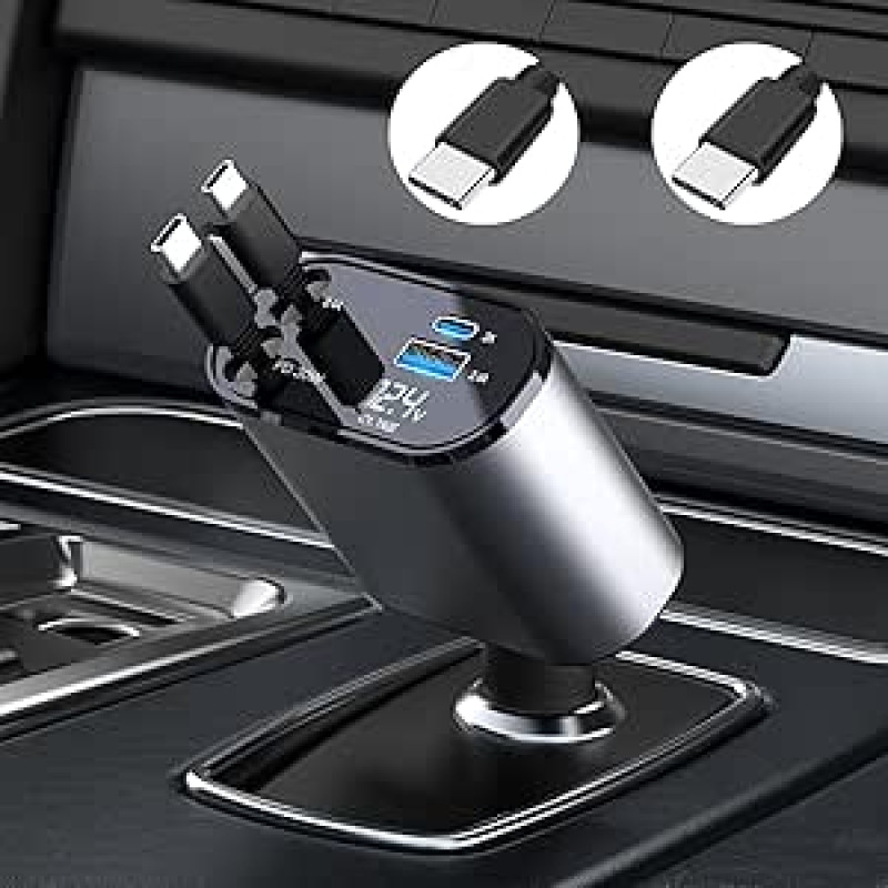 Ištraukiamas automobilinis įkroviklis Cigarečių žiebtuvėlio adapteris USB ir 2 C tipo kabeliai 60W su voltmetro LED diodu, suderinamas su 