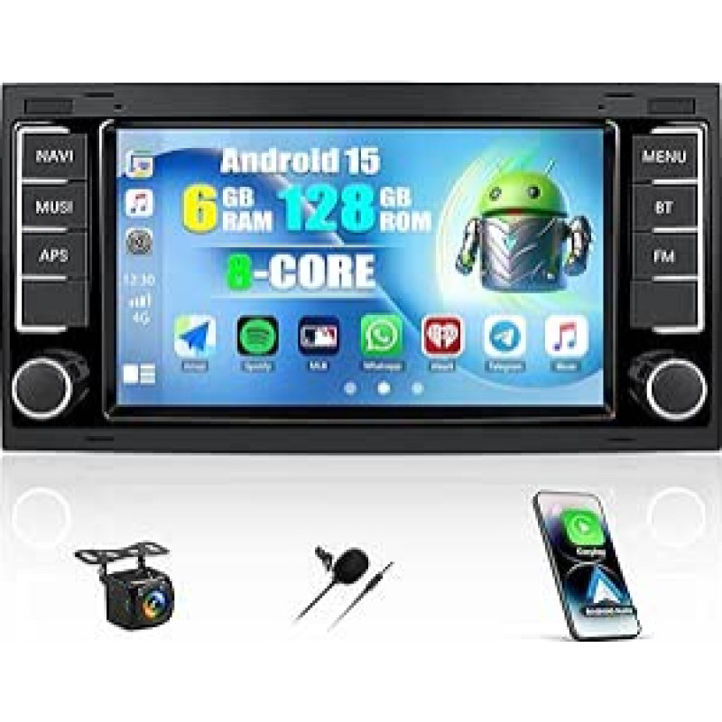 CAMECHO 6+128G 8 branduolių Android 15 automobilinis radijas VW Touareg Transporter T5 Multivan 2004-2009 su Navi Wireless Carplay Android Car, Double DIN radijas su 7 colių ekranu Bluetooth 5.0 RDS/FM + atbuline eiga