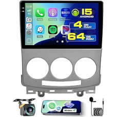 Roinvou 4+64G Android 15 automobilinis radijas Mazda 5 2007-2010 su belaidžiu Carplay Android automobiliu, 9 colių automobilinis radijas su jutikliniu ekranu su GPS navigacija Bluetooth EQ WiFi RDS FM SWC MIC atbulinės eigos kamera