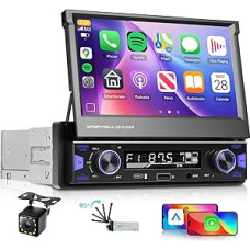 Hodozzy 1 DIN Car Radio with Wireless Carplay Android Car, 7 Inch Fold-Out Touch Screen, Bluetooth, FM/AM/RDS Radio, Car MP5 Player MirrorLink/USB/AUX/Type-C + Steering Wheel Control & Reversing
