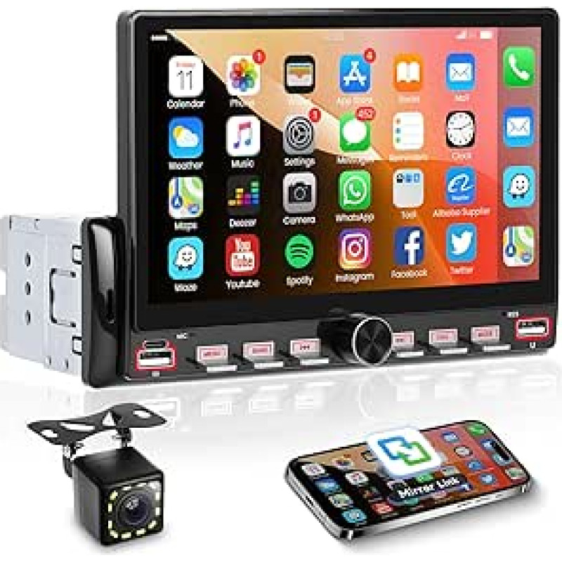 Hodozzy Autoradio 1 Din mit Bluetooth Bildschirm, 7 Zoll Touchscreen 1 Din MP5 Player mit Airplay, FM Radio, Video-Freigabe, EQ, Type-C/USB, SWC und Farbiger Hintergrundbeleuchtung+ Rückfahrkamera